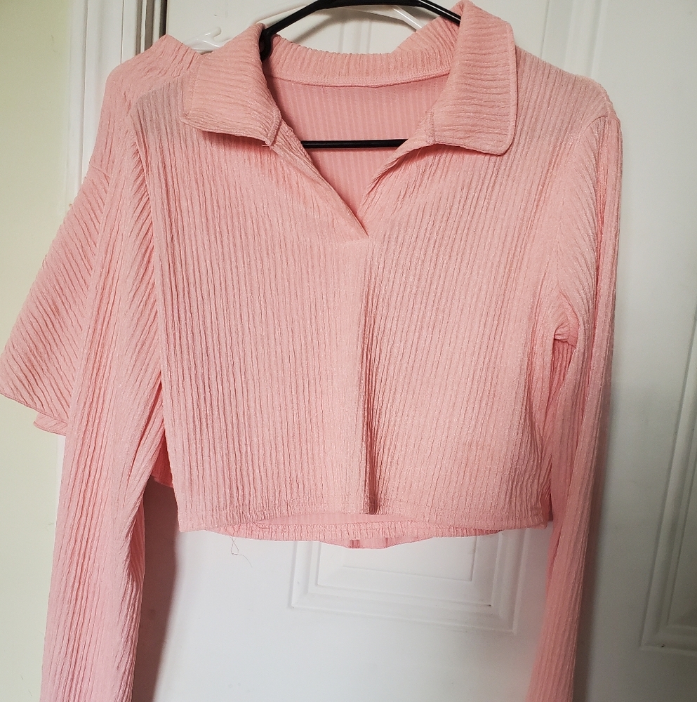 Elegant Pink Ribbed Button Down Shirt